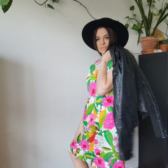 Floral Midi Dress 60s 70s Bark Cloth Bright Spring Vintage - Picture 4 of 9